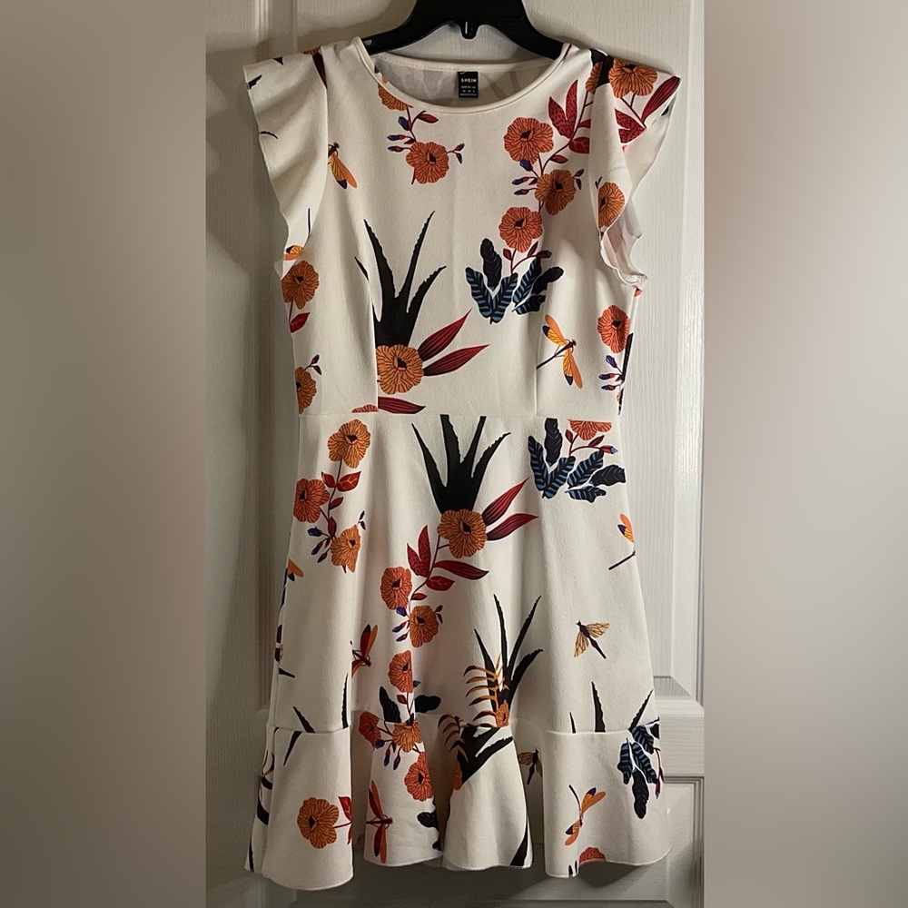 SHEIN Cream Fit-and-Flare Dress with multi color flowers and leafs